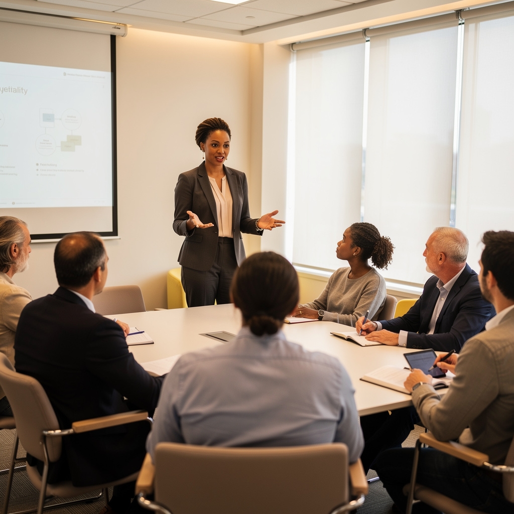 Facilitator presenting legal information to a small attentive group in a modern conference room