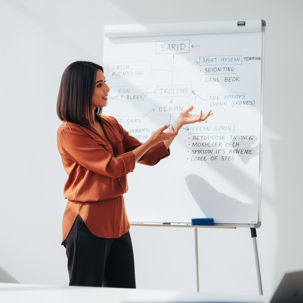 Female program coordinator in her early 30s presenting information on a whiteboard in a bright collaborative office