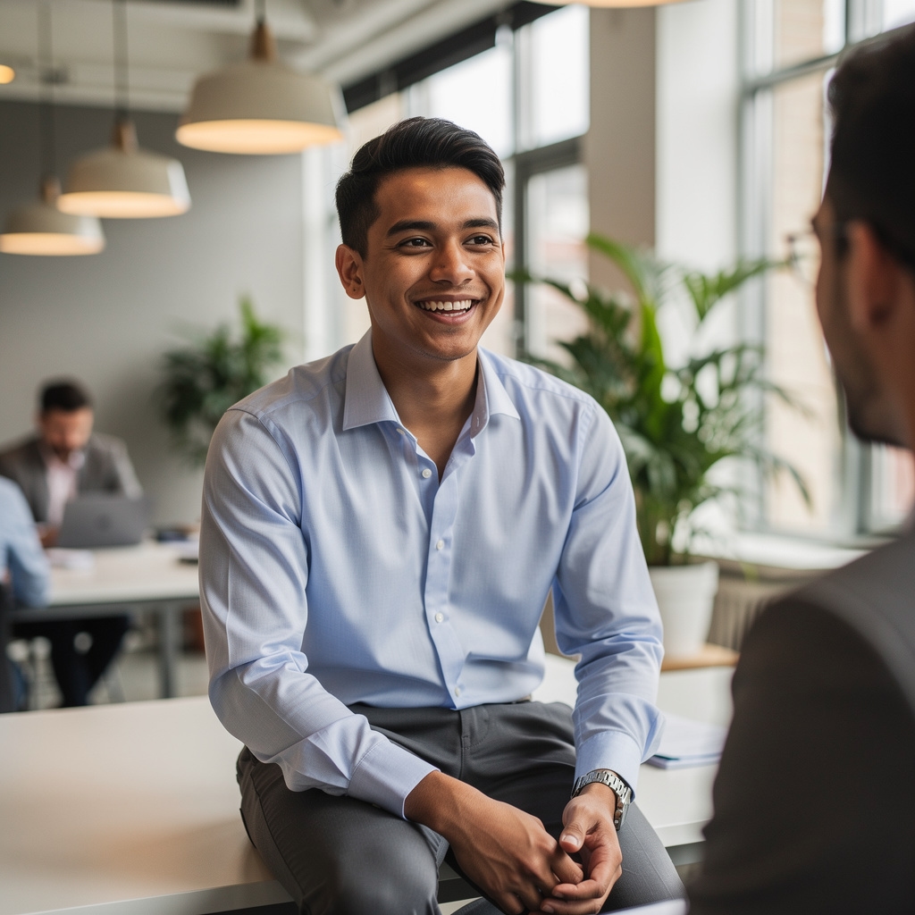 Male community outreach specialist in his late 20s in a casual conversation with colleagues in an open office space