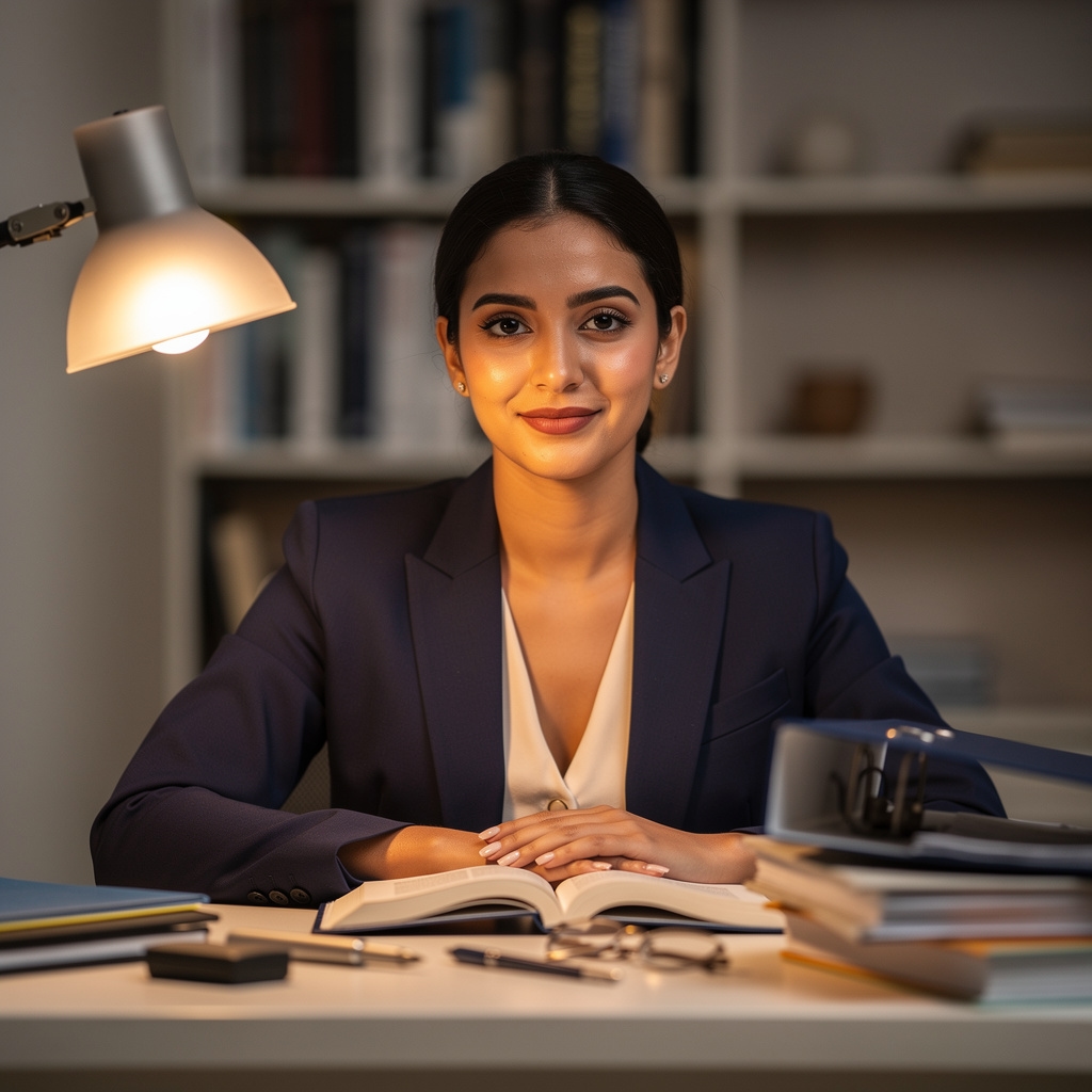 Female legal researcher in her early 30s reviewing documents at a well-organized desk