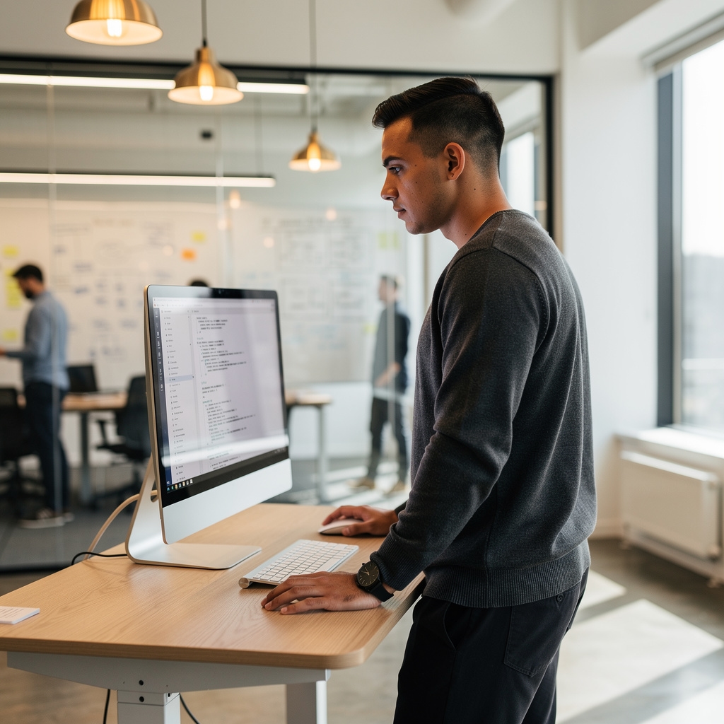 Male content specialist in his late 20s working at a standing desk in a modern office environment